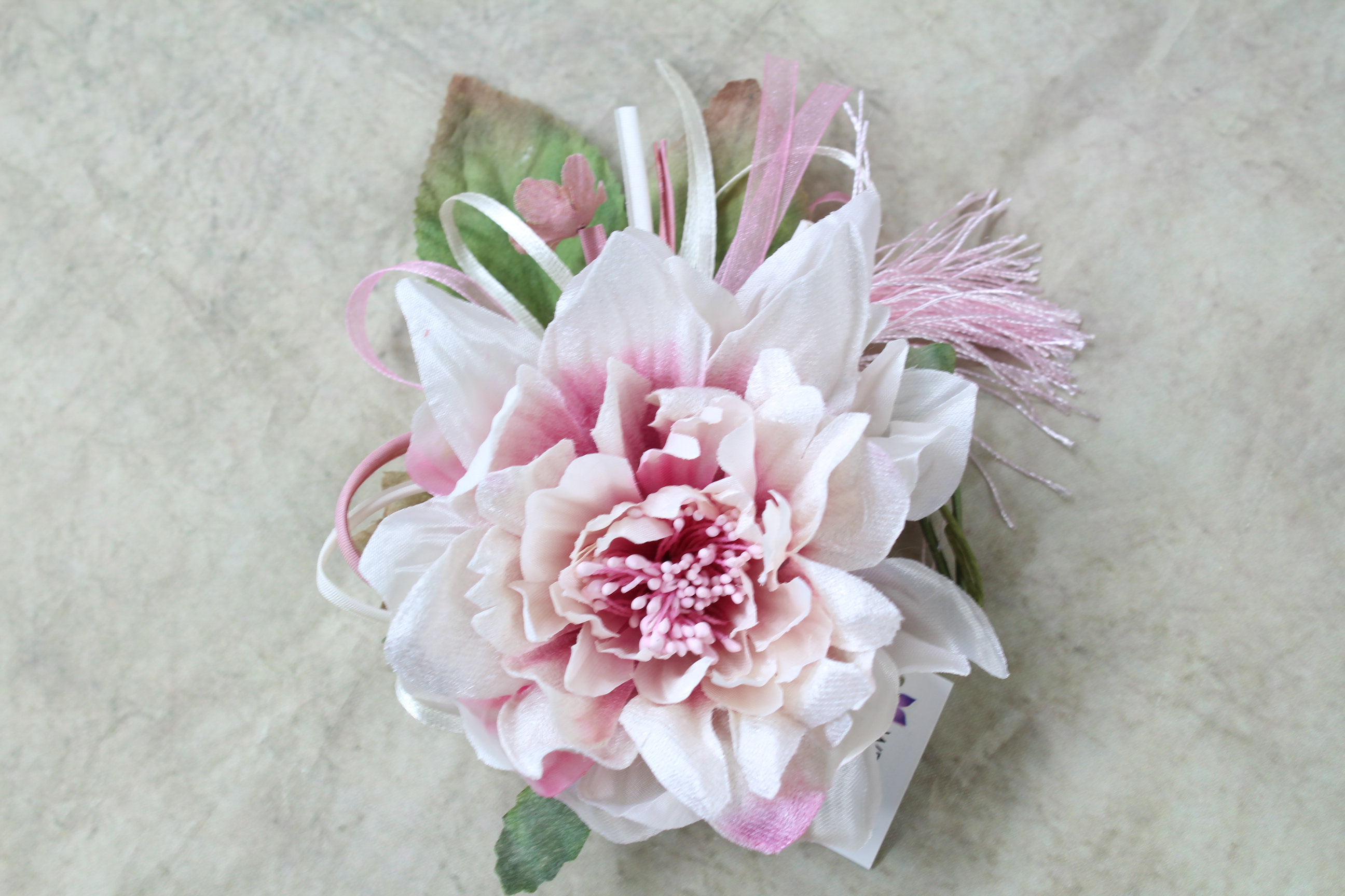 Satin Dahlia Corsage With Tallel And Ribbon Streamers