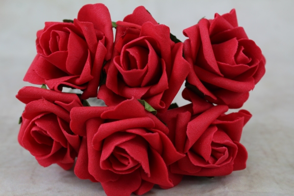 Front view of the red foam rose bunch