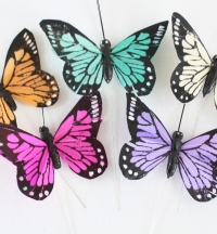 12 Multi Coloured Print Real Feather Butterflies On Wire 9cm 