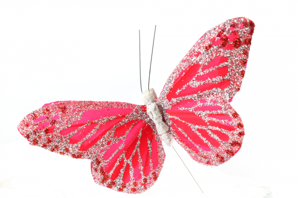 Red Butterfly with glitter wings on a steel wire.