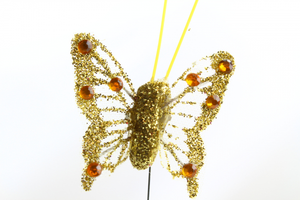 Gold Butterfly on steel wire with glitter body and wings