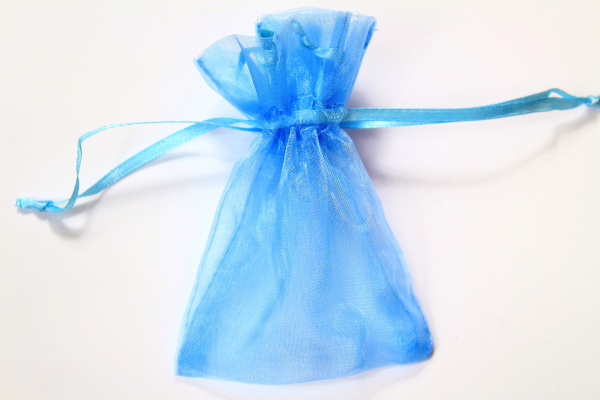 The quite light in colour, small Blue Organza bag.