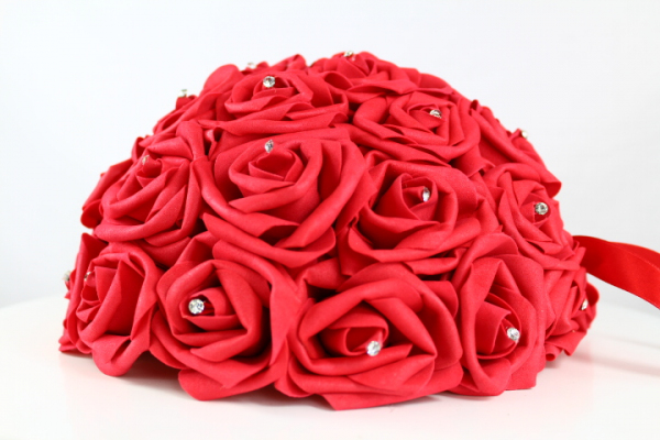 Vibrant Red artificial Red Rose half Pomander with ribbon.