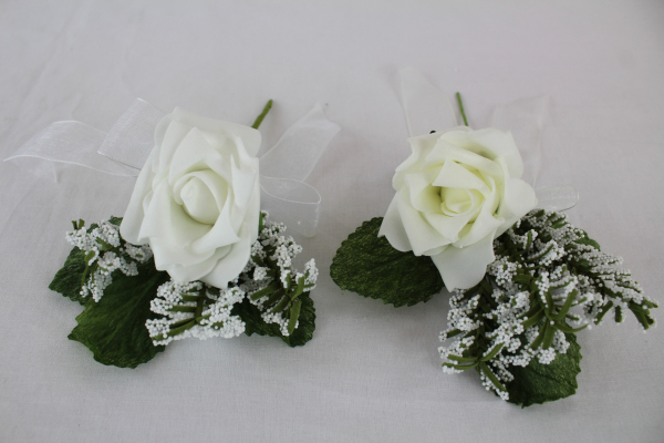 Single Rose 5cm With Gypsophila And Ribbon Bow Corsage Ivory 